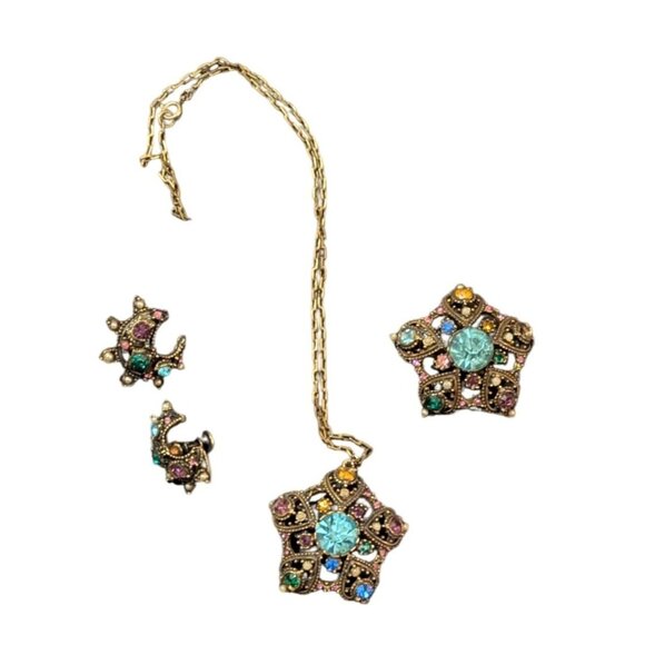 Vintage Star & Moon Rhinestone Pendant Necklace Earrings Set Estate statement - Picture 1 of 12